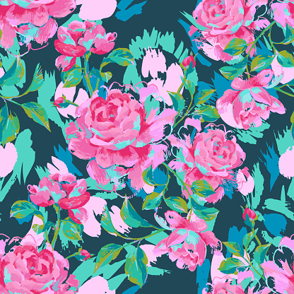 Artistic floral seamless pattern made of opulent blooming roses. Acrylic painting with large flower buds and leaves. Vector botanical illustration for fabric and textile.
