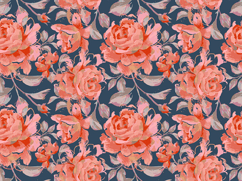 Floral seamless pattern made of opulent large roses. Acrylic painting with flower buds and leaves. Botanical illustration for fabric and textile.