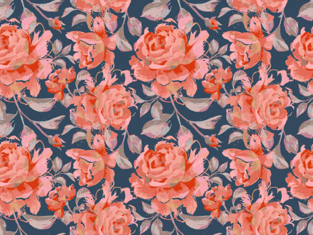 seamless pattern made of large roses Floral seamless pattern made of opulent large roses. Acrylic painting with flower buds and leaves. Botanical illustration for fabric and textile. vector rose bouquet stock illustrations