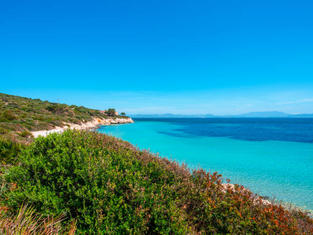 Portixeddu beach - Sardinia Beach and cliffs of Portixeddu overlooking the turquoise sea of Sant'Antioco - Sardinia Buggerru stock pictures, royalty-free photos & images