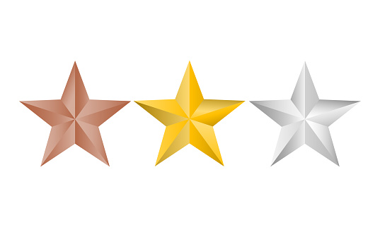 Vector illustration of Gold, silver and copper stars logo for your design, isolated on white background. Christmas stars.