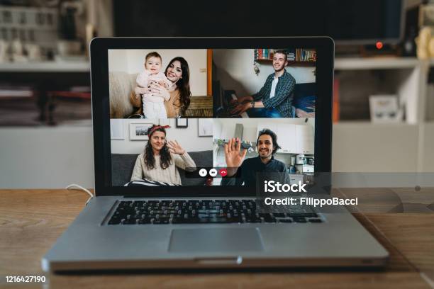 Laptop With A Videoconference Call On The Screen Stock Photo - Download Image Now - Video Call, Device Screen, Laptop