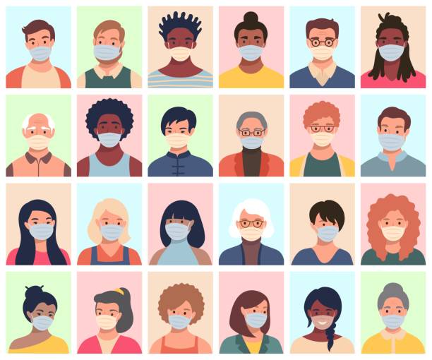 ilustrações de stock, clip art, desenhos animados e ícones de set of persons, avatars, people heads of different ethnicity and age in protective masks. men and women in flat style following recommendations for the prevention of coronavirus. - mask vector