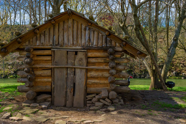 Rugged out building made of logs sits on David Crockette Birthplace State Park in Limestone,Tennessee.