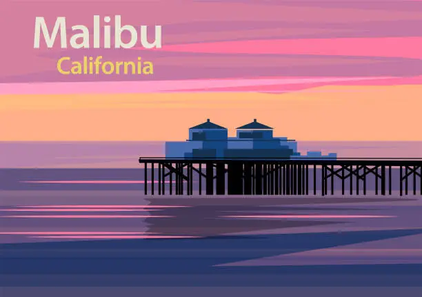 Vector illustration of Malibu Pier at sunset in California, United States