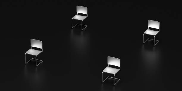istock Social distance concept. Empty chairs in a dinstance on black background. 3d illustration 1216429930
