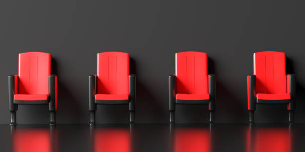 istock Social distance concept. Empty chairs in a dinstance on black background. 3d illustration 1216430882