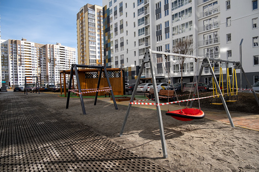 Modern kids toy playground in park.