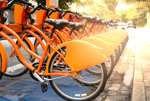 Rent and share bicycles parked on the street in Sao Paulo, Brazil