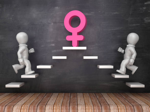 istock Business Characters on Steps with Female Gender Symbol on Chalkboard - 3D Rendering 1216433700