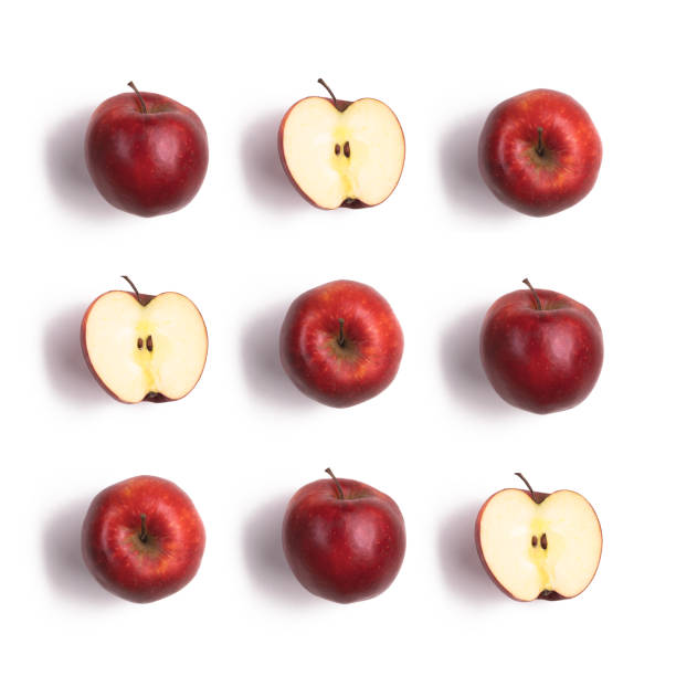 istock Red delicious apples isolated on white background. Creative layout made of red apples. Flat lay with copy space. Fresh food concept. 1216434209