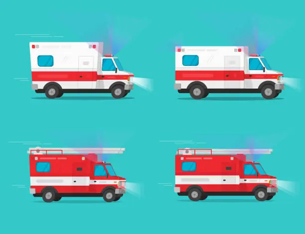 Vector illustration of Ambulance and firetruck emergency cars or fire engine truck and medical emergency vehicle automobiles moving fast with siren flasher light vector flat cartoon illustration clipart image