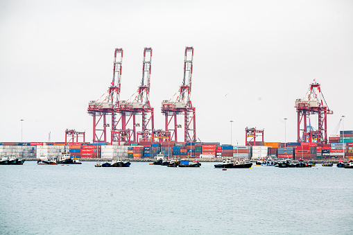 Callao, Peru - October 7, 2012: Container handling gantry crane or ship-to-shore crane at the Callao Harbor in Callao, Peru