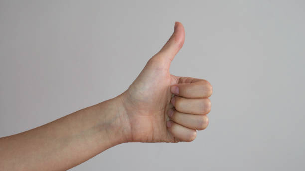istock Thumb up of a left female hands on white background. 1216439019