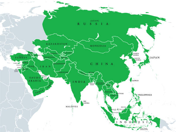 illustrazioni stock, clip art, cartoni animati e icone di tendenza di asia, mappa politica, stati e paesi del continente più grande - south ural