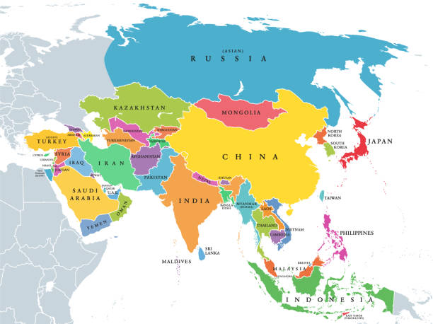 illustrations, cliparts, dessins animés et icônes de continent asie, carte politique avec des états et des pays de couleur - south ural