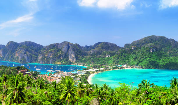 istock Panoramic view at viewpoint of beautiful tropical Phi Phi island. 1216444466