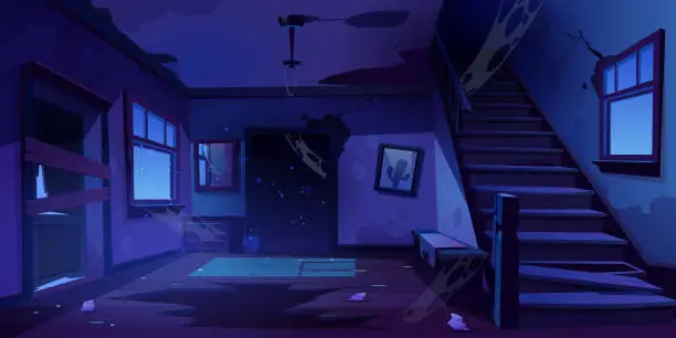 Vector illustration of Old abandoned house hallway at night
