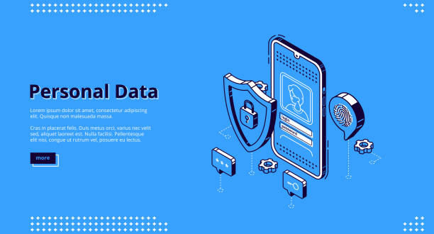 Personal data isometric landing page online access Personal data isometric landing page. Online access login and password enter page on smartphone screen, user account verification and privacy, website register form. 3d vector line art web banner. entering data stock illustrations