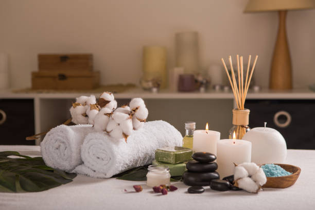 istock Zen and relax concept. Spa composition  with treatment on  light background - space for text 1216449085