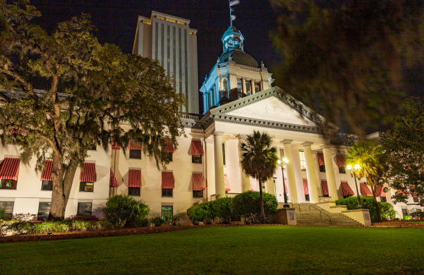 The Historic Florida State Capital building with flags flying, sits brightly lighted and surrounded by well maintained landscaping, seen here in the late evening with the modern State House and Senate Legislative Office Building rising in the black sky be stock photo