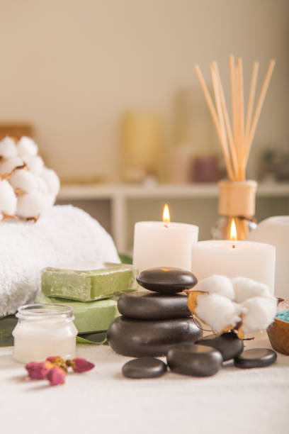 istock Zen and relax concept. Spa composition  with treatment on  light background - space for text 1216449731