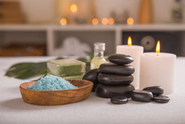 istock Zen and relax concept. Spa composition  with treatment on  light background - space for text 1216449743
