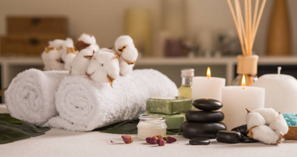istock Zen and relax concept. Spa composition  with treatment on  light background - space for text 1216449874