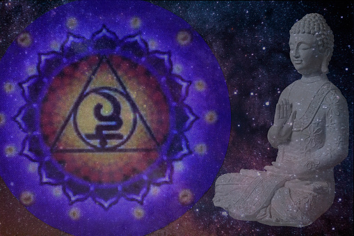 sahasrara chakra's symbol witha buddha and a cosmic background