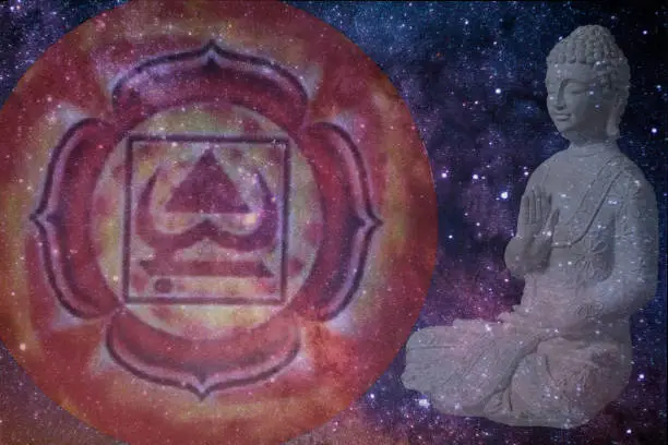 Muladhara chakra's symbol with a buddha and a cosmic background