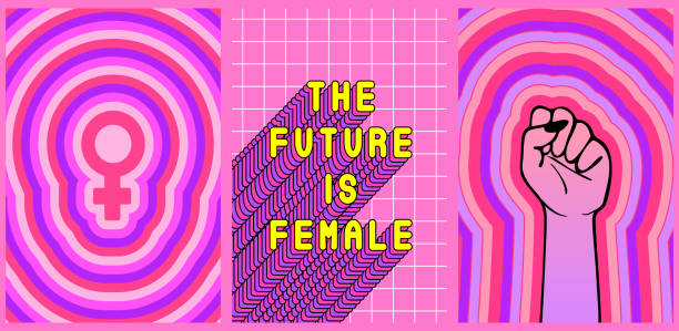 illustrazioni stock, clip art, cartoni animati e icone di tendenza di set di 3 manifesti femministi "il futuro è femminile", pugno alzato e simbolo di venere. illustrazioni vettoriali. concetti di power card per ragazze. - figura femminile