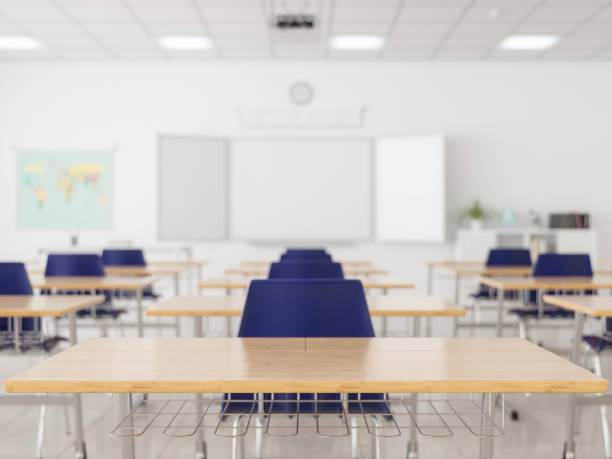 Empty Modern Classroom Empty Modern Classroom empty desk in classroom stock pictures, royalty-free photos & images