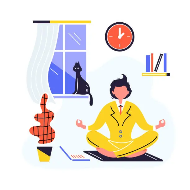 Vector illustration of Young man in yellow costume sitting in yoga pose on the floor, room interior on the background. Home office during coronavirus pandemic. Job search during the crisis. Stay home. Vector illustration