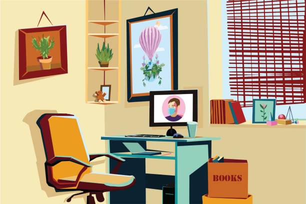 home-office-arbeitsplatz-stock-beleuchtung - vector illustration and painting clip art computer graphic stock-grafiken, -clipart, -cartoons und -symbole