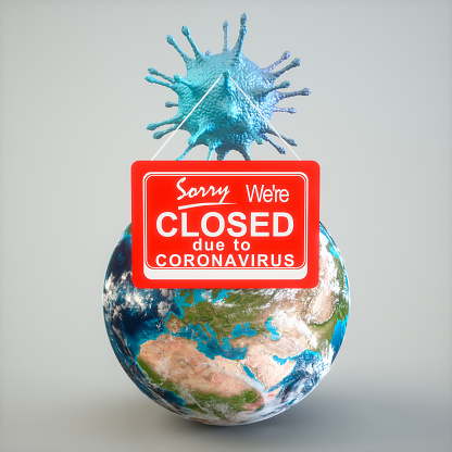 Sorry We're Closed due to Coronavirus with Globe Concepts Europe map texture credits to NASA: https://visibleearth.nasa.gov/images/74218