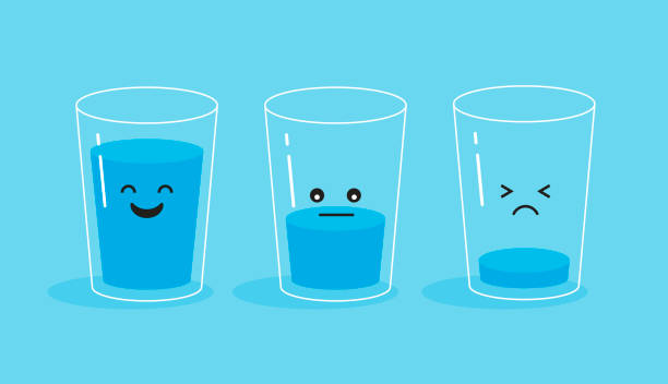 Full and empty glass of water. Funny and sad glass of water. Full and empty glass. Drink more water concept. Vector illustration isolated on blue background. half full illustrations stock illustrations