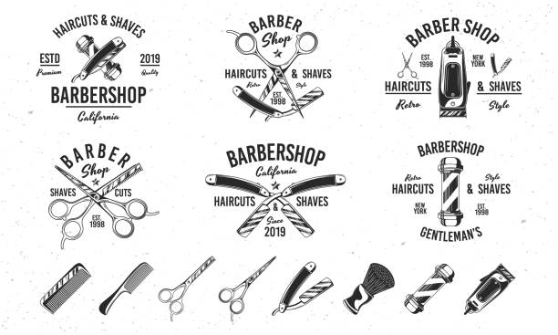 illustrazioni stock, clip art, cartoni animati e icone di tendenza di modelli di logo hipster vintage barber shop. 6 loghi e 8 elementi di design per barbiere, parrucchiere. modelli di emblemi da barbiere, barbiere, parrucchiere. illustrazione vettoriale - negozio del barbiere