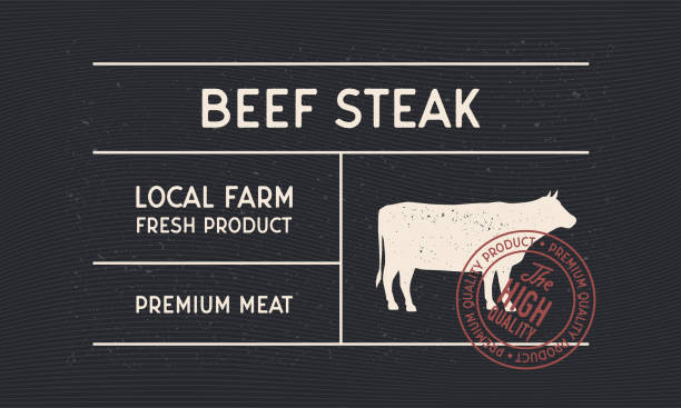 Beef Steak vintage label for Butcher shop. Minimal design of old label with cow, bull silhouette and stamp. Vintage sticker, label for steakhouse, barbecue, restaurant, logo. Vector illustration meat designs stock illustrations