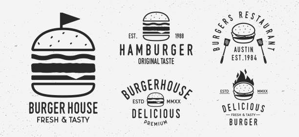 stockillustraties, clipart, cartoons en iconen met vector burger logo set. 5 vintage burger restaurants emblemen. hamburger labels, emblemen, logo. burgerhuis, restaurant met hamburger. burgerhouse logo sjabloon. - burger
