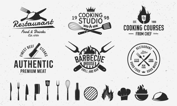 vintage hipster logo-vorlagen und 13 design-elemente für restaurant-business. metzgerei, barbecue, kochkurs und restaurant embleme vorlagen. gabel, messer, schneebesen, kochsymbole. vektor-illustration - kochen stock-grafiken, -clipart, -cartoons und -symbole
