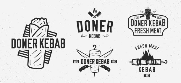 vektor doner kebab logo-set. 5 vintage kebab restaurants embleme. fast-food-etiketten, embleme, logo. kebab, fleischladen, restaurant, kebab-café. shashlik logo-vorlage. - menu fast food restaurant food beef stock-grafiken, -clipart, -cartoons und -symbole