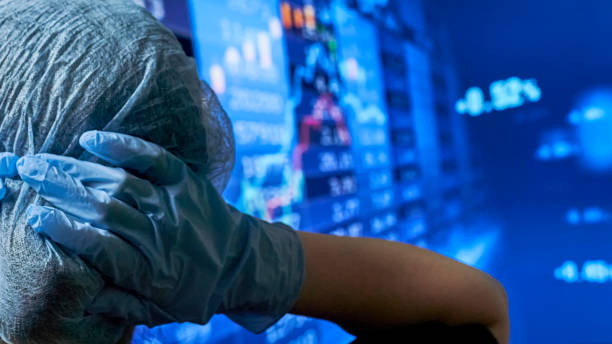 Female doctor surprised with stock market ratios growth Female doctor surprised with stock market ratios growth. Checking market data and currency exchange during self-quarantine COVID-19 pandemic spread falling behind stock pictures, royalty-free photos & images