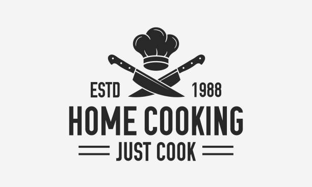 Home Cooking vintage logo. Cooking Courses logo template with chef cap and crossed knives. Label, badge, poster for online courses, food studio, cooking class, culinary school. Vector illustration Vector illustration chefs hat stock illustrations