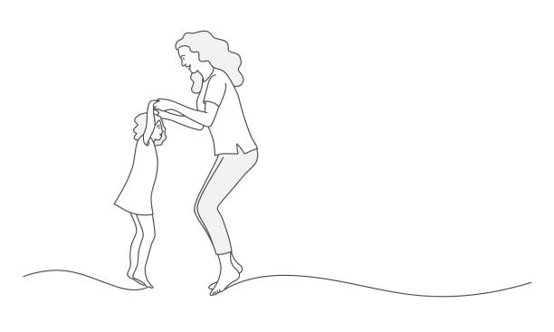 Mother and daughter jumping Line drawing vector illustration of mother and daughter jumping. mother drawings stock illustrations