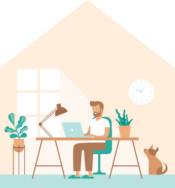 Man work in comfortable conditions Freelancer character working from home remotely vector art illustration
