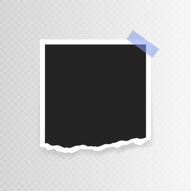 istock Vector Photo frame mockup design. Photo frame with torn paper on sticky tape isolated on transparent background. Vector illustration 1216457960