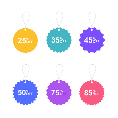 Set of sale tags in different shapes of starburst. Set of labels sale tag with different percent off. Vector graphic design.