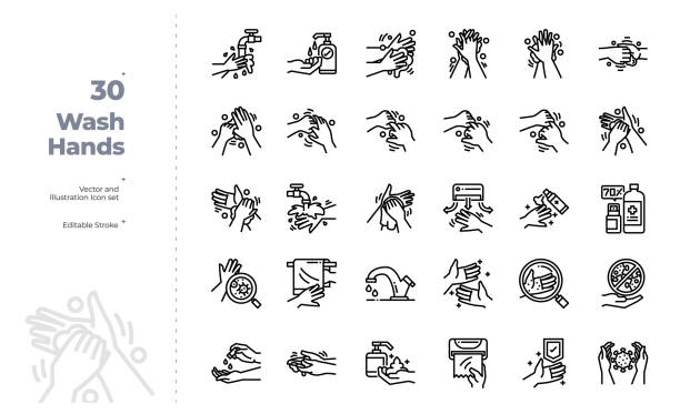 Vector Line Icons Set of Washing Hands. Editable Stroke. Vector Icon and Illustration Design. All Icon design based on 64x64 Editable Stroke. Design for Website, Mobile App and Printable Material. Easy to Edit & Customize. hand water pump stock illustrations