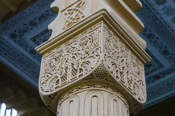 istock Ornate Arabic Moroccan carved plaster on a pillar outside a mosque in Marrakech, Morocco 1216460806