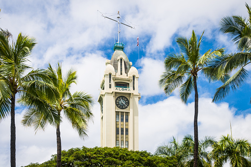 Built in 1926, the Aloha Tower in downtown Honolulu was for four decades the tallest building in the State of Hawaii. Including the flag mast, it stands 224 feet and has welcomed thousands of immigrants to Hawaii.
